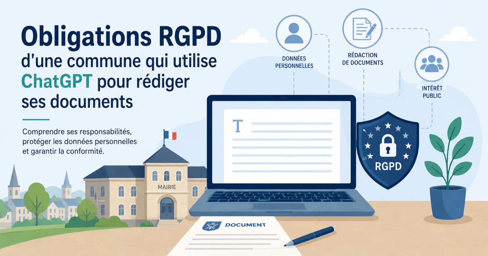 Secrétaire de mairie vérifiant la conformité RGPD avant d'utiliser une IA pour rédiger un document communal