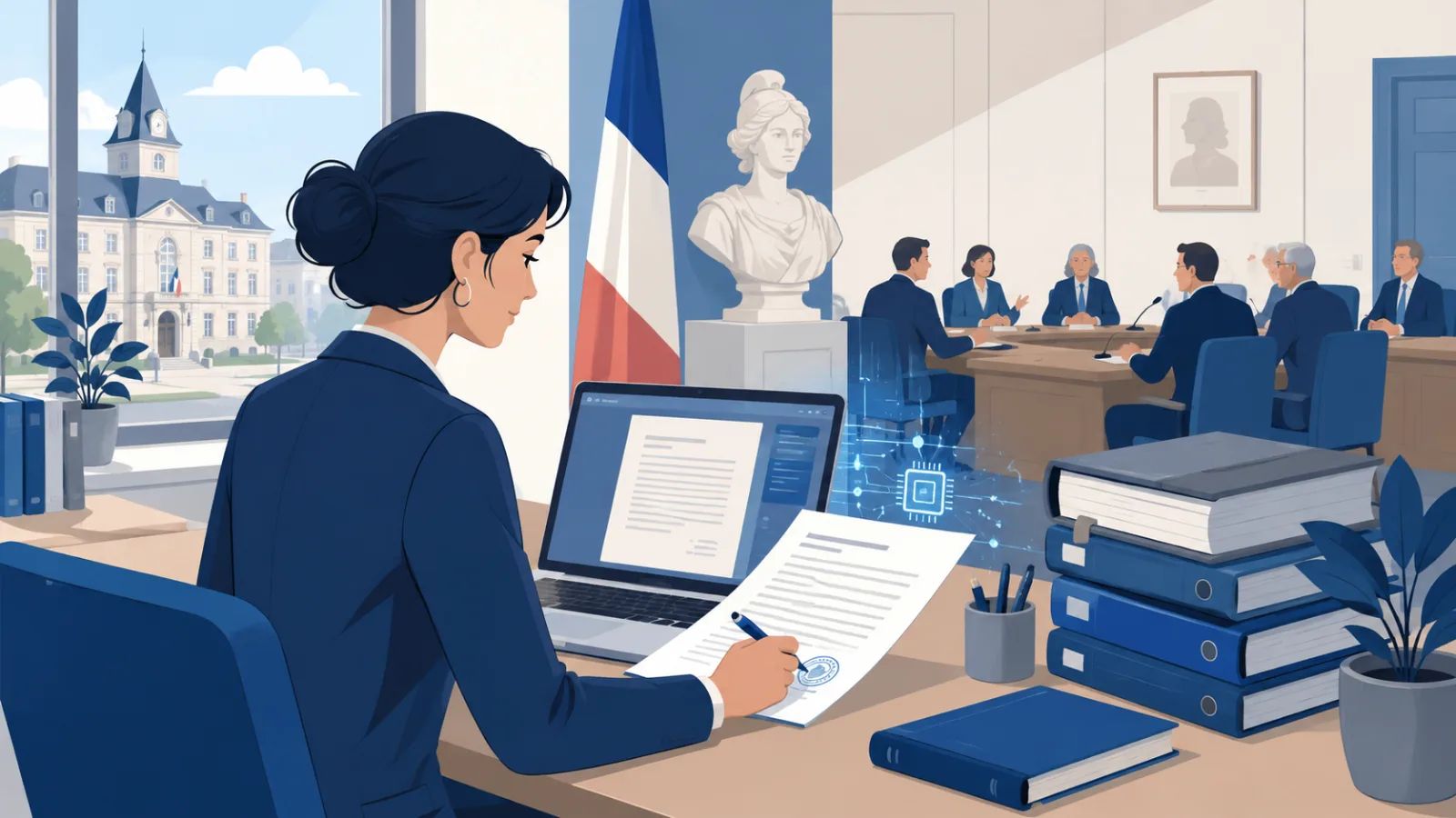 Secrétaire de mairie rédigeant une délibération du conseil municipal sur un ordinateur