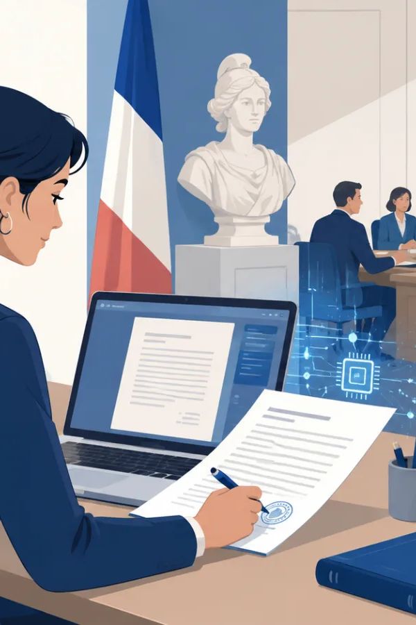 Secrétaire de mairie rédigeant une délibération du conseil municipal sur un ordinateur
