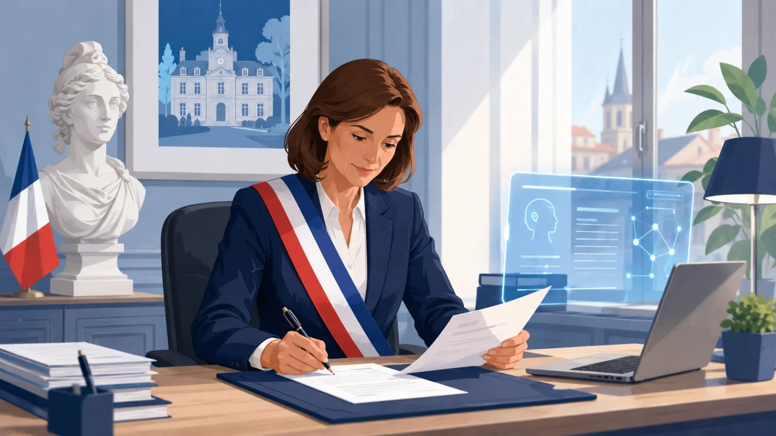 Maire signant un arrêté municipal à son bureau, assisté par l'assistante juridique de Stefi