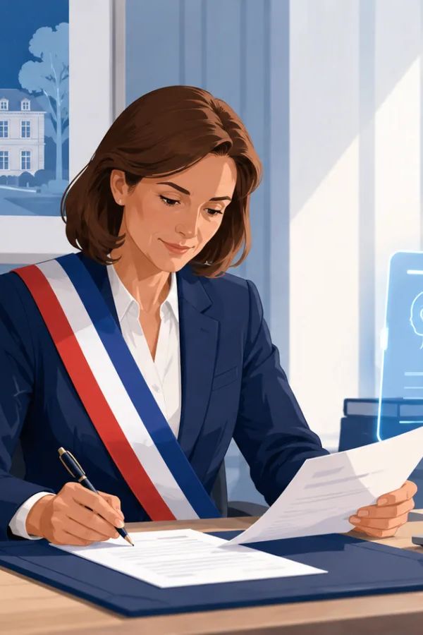 Maire signant un arrêté municipal à son bureau, assisté par l'assistante juridique de Stefi