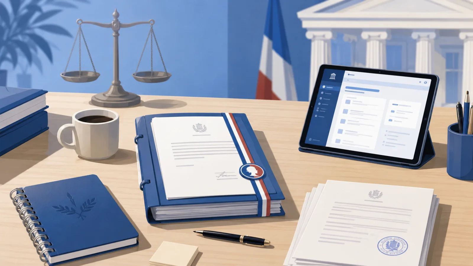 Élu consultant la jurisprudence administrative sur une tablette, assisté par l'assistante juridique de Stefi