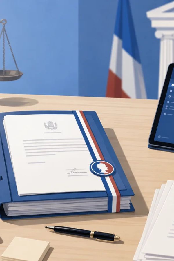 Élu consultant la jurisprudence administrative sur une tablette, assisté par l'assistante juridique de Stefi