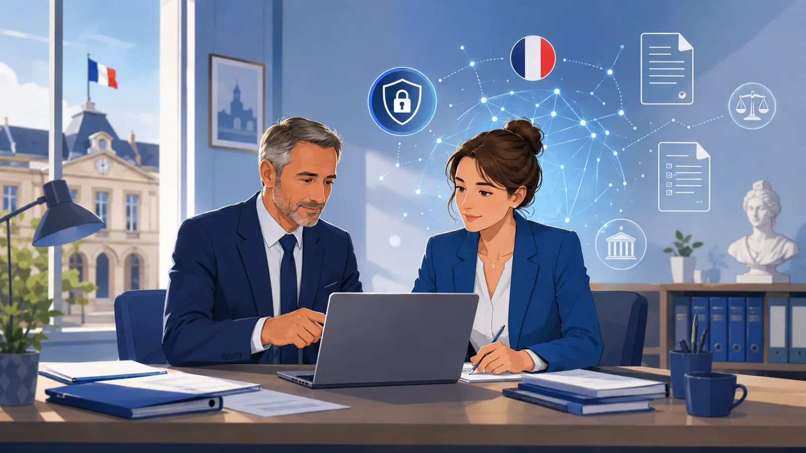 Maire et secrétaire de mairie comparant des logiciels d'IA pour leur commune