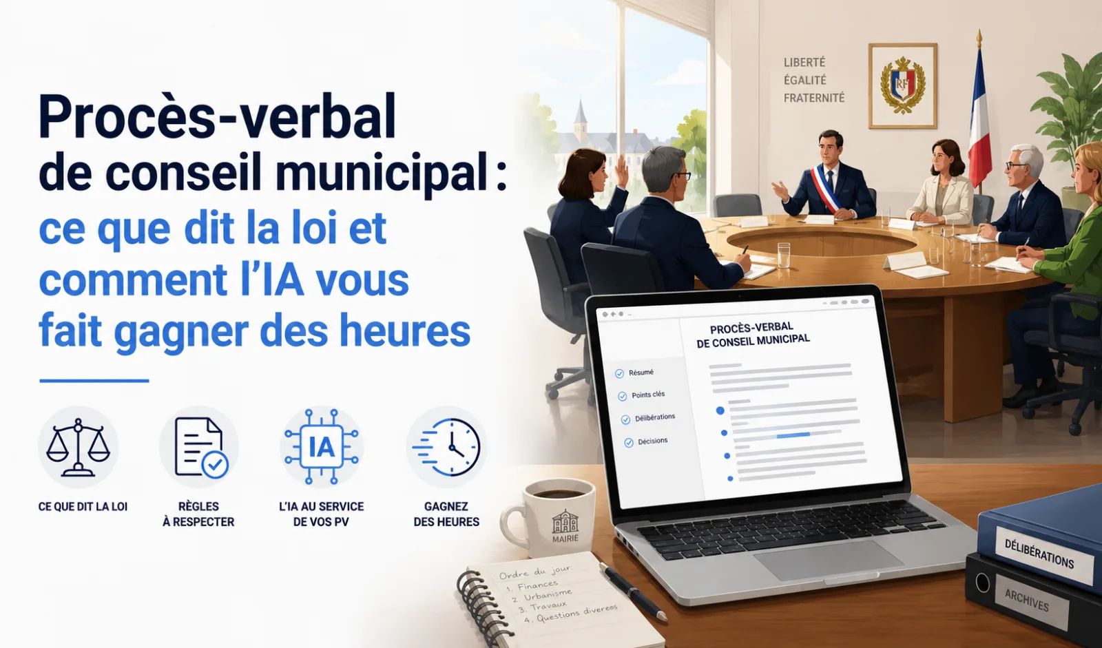 Secrétaire de mairie rédigeant le procès-verbal du conseil municipal assistée par une intelligence artificielle