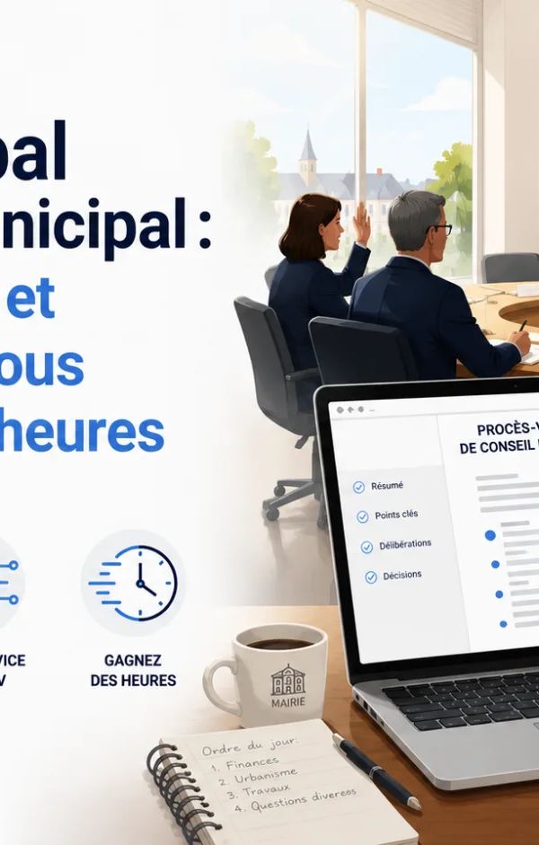 Secrétaire de mairie rédigeant le procès-verbal du conseil municipal assistée par une intelligence artificielle