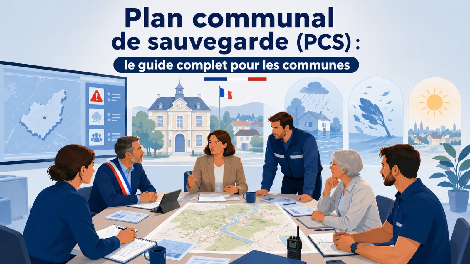 Élus d'une commune française réunis autour du plan communal de sauvegarde en cellule de crise