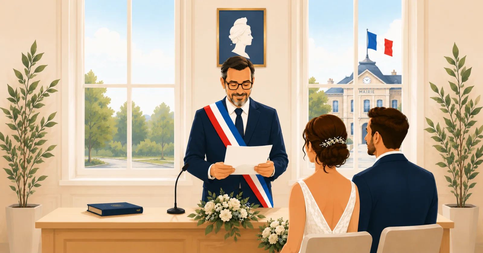 Maire d'une commune française ceint de son écharpe tricolore célébrant un mariage en mairie
