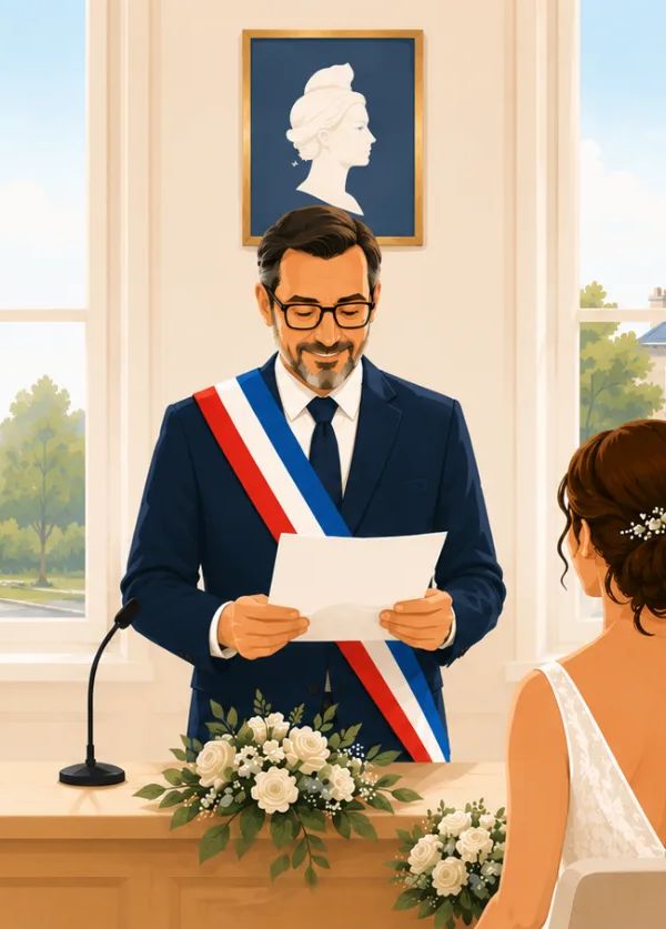 Maire d'une commune française ceint de son écharpe tricolore célébrant un mariage en mairie