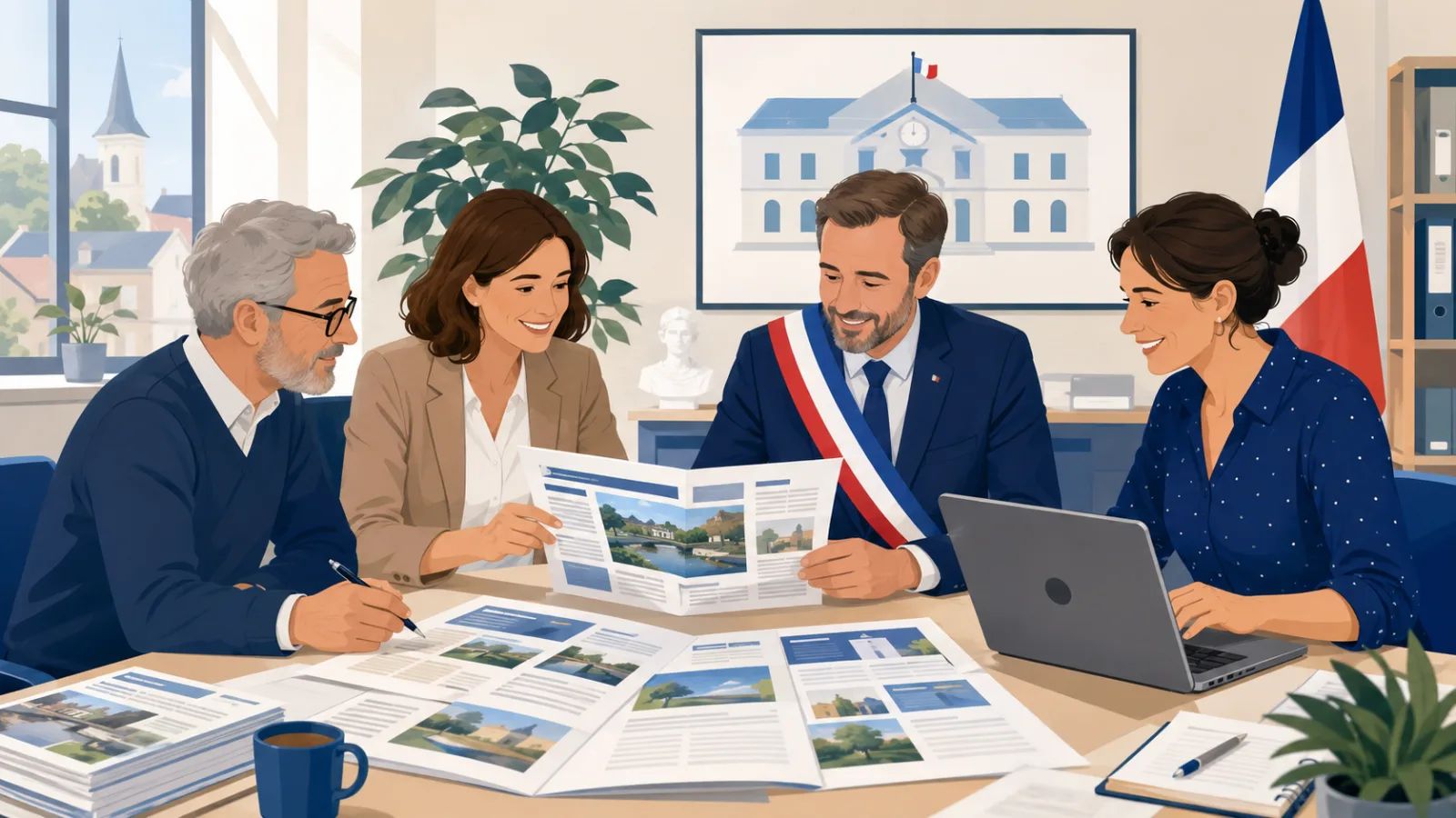Élus d'une petite commune préparant les pages de leur bulletin municipal sur une table