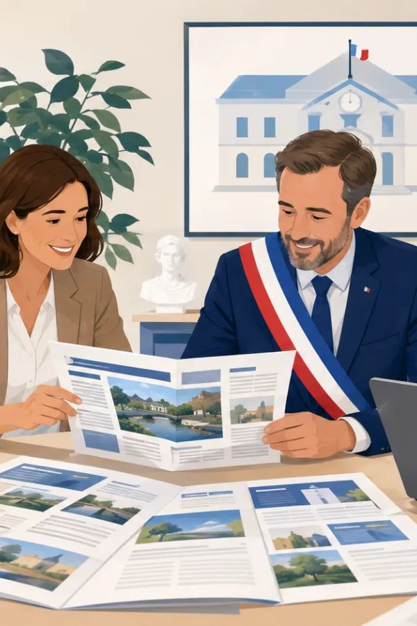 Élus d'une petite commune préparant les pages de leur bulletin municipal sur une table