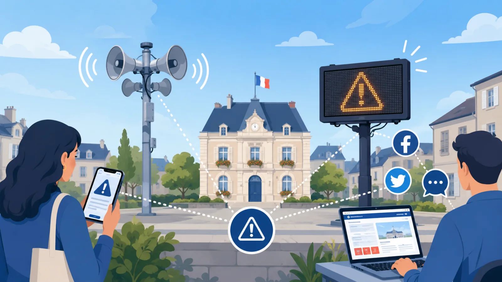 Mairie française alertant ses administrés en cas d'urgence par plusieurs canaux