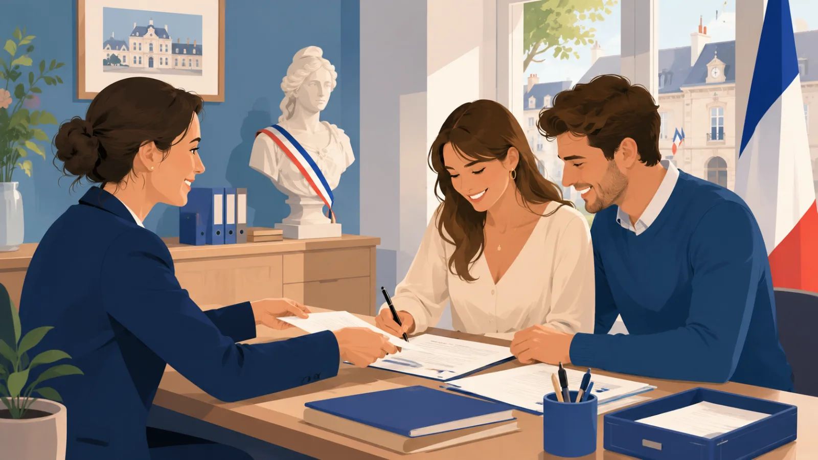 Deux partenaires signant leur PACS devant l'officier d'état civil au guichet d'une mairie