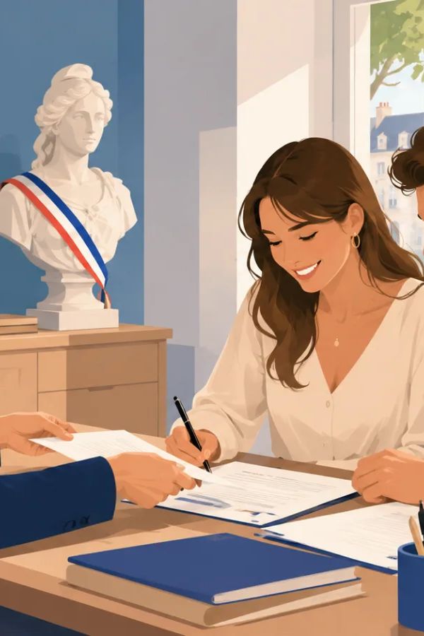 Deux partenaires signant leur PACS devant l'officier d'état civil au guichet d'une mairie