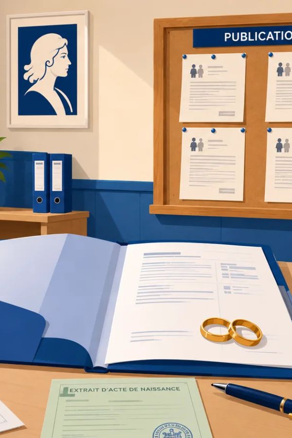 Dossier de mariage déposé à la mairie : pièces d'identité, justificatifs de domicile et publication des bans