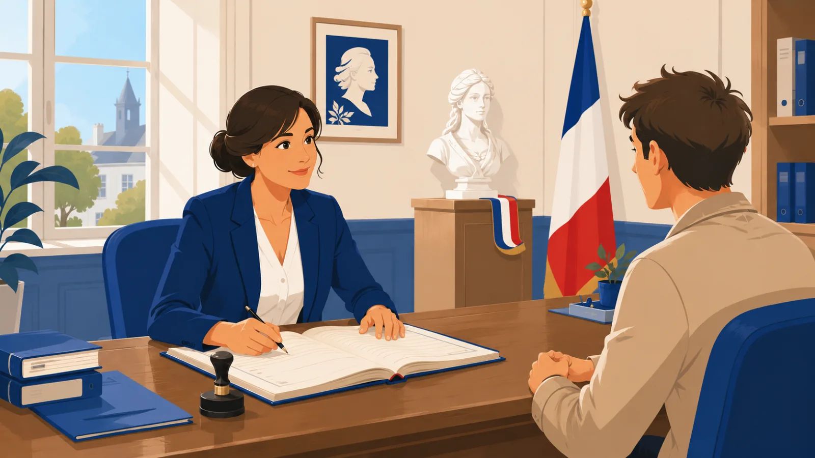 Agent de mairie officier de l'état civil enregistrant une déclaration de naissance sur le registre