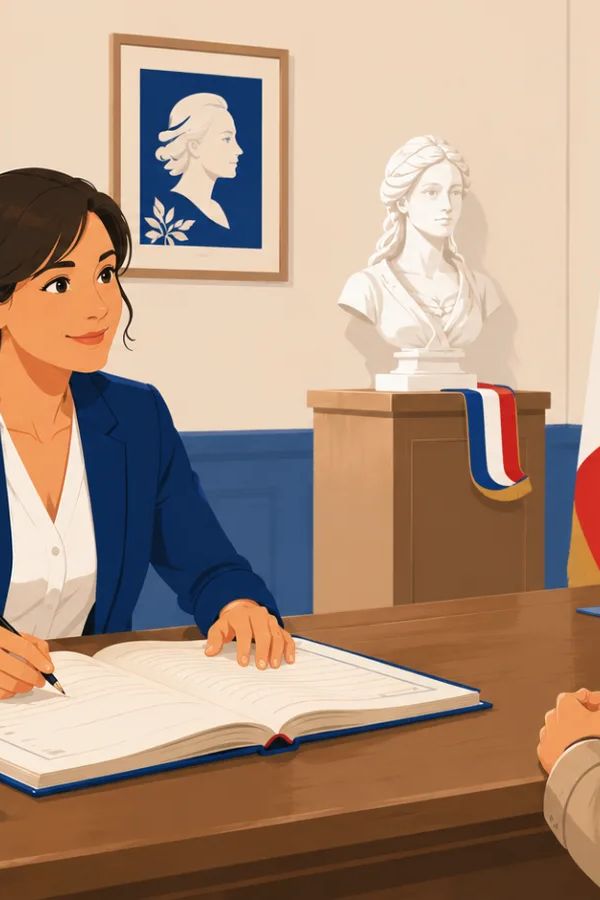 Agent de mairie officier de l'état civil enregistrant une déclaration de naissance sur le registre