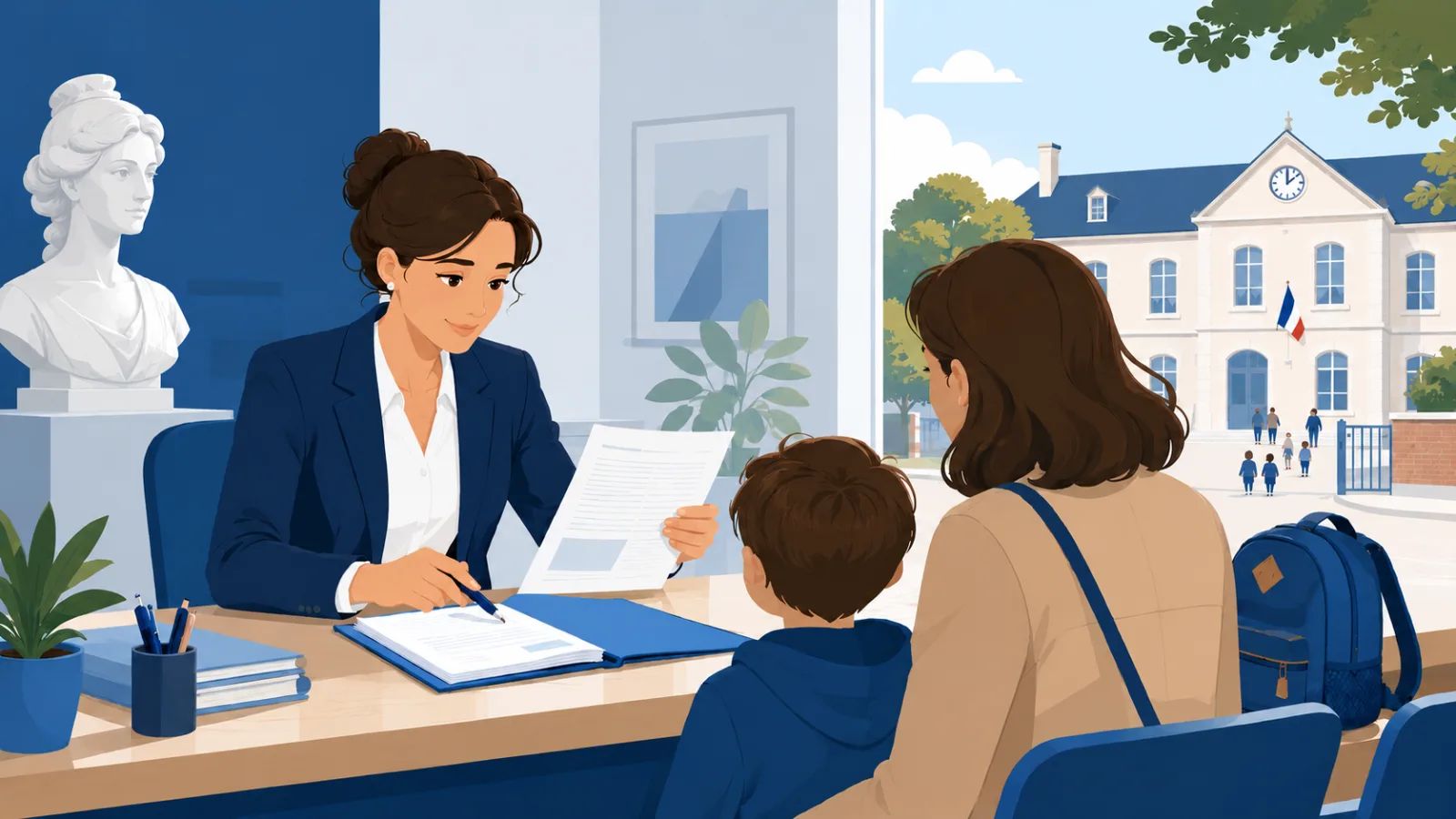 Agent de mairie traitant une inscription scolaire au guichet des affaires scolaires
