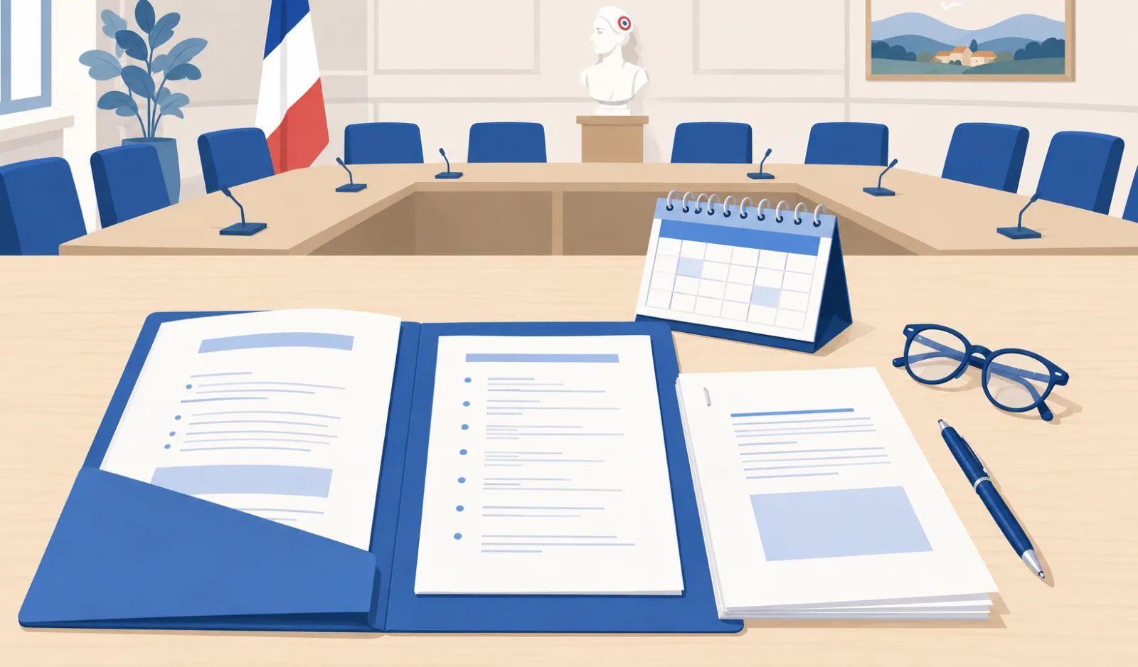 Séance de conseil municipal dans une mairie française : élus autour de la table, ordre du jour et note de synthèse