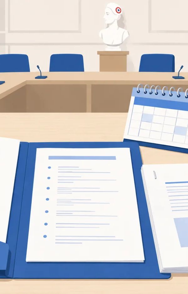 Séance de conseil municipal dans une mairie française : élus autour de la table, ordre du jour et note de synthèse