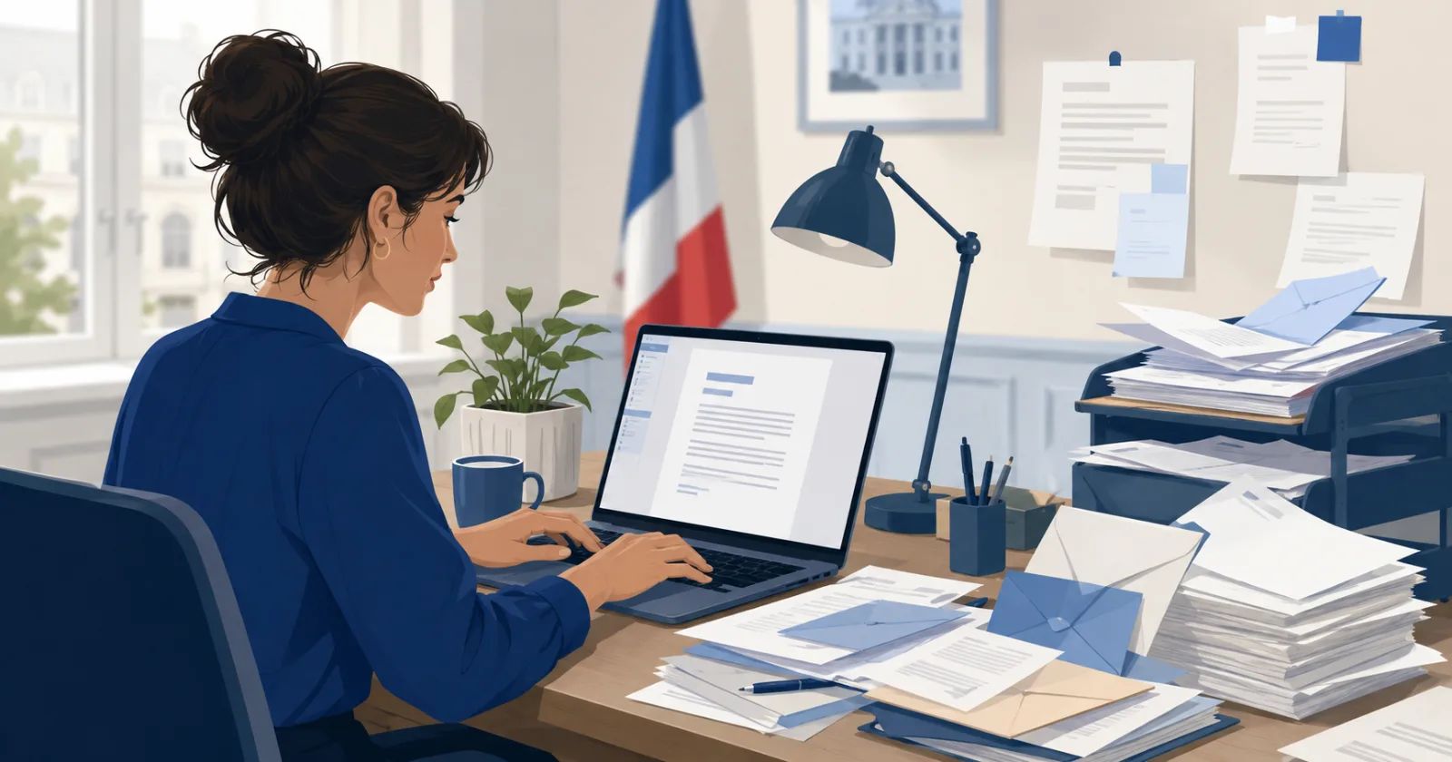 Courriers officiels triés sur le bureau du secrétariat d'une mairie