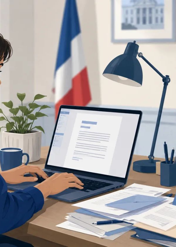 Courriers officiels triés sur le bureau du secrétariat d'une mairie