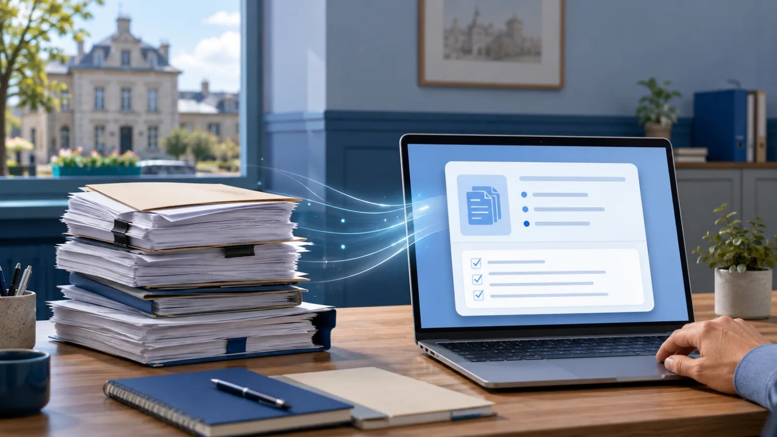 Bureau de mairie avec une pile de documents administratifs et un ordinateur portable affichant une fiche de synthèse
