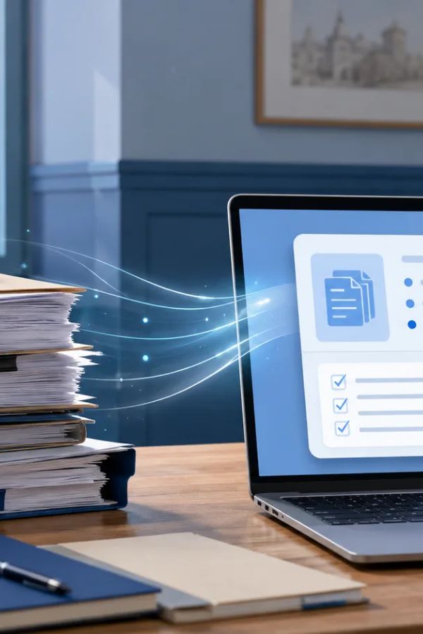 Bureau de mairie avec une pile de documents administratifs et un ordinateur portable affichant une fiche de synthèse