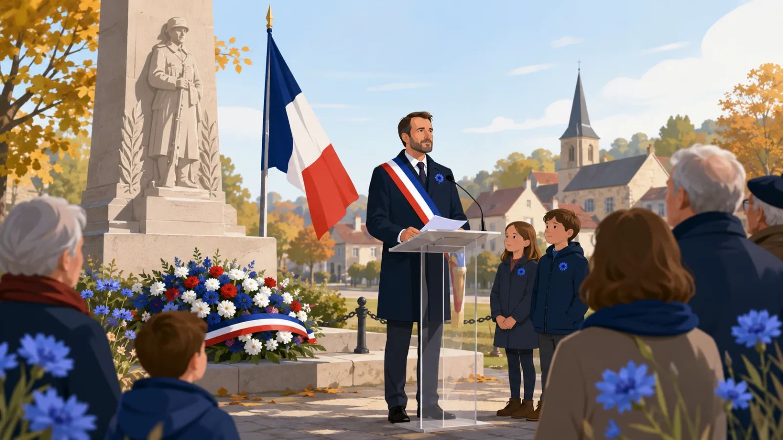 Maire déposant une gerbe devant le monument aux morts lors de la commémoration du 11 novembre