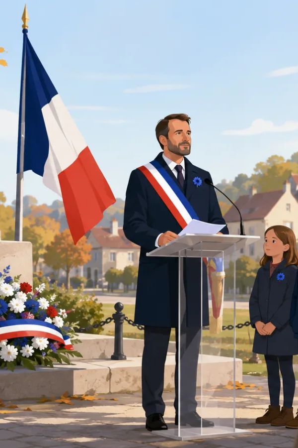 Maire déposant une gerbe devant le monument aux morts lors de la commémoration du 11 novembre