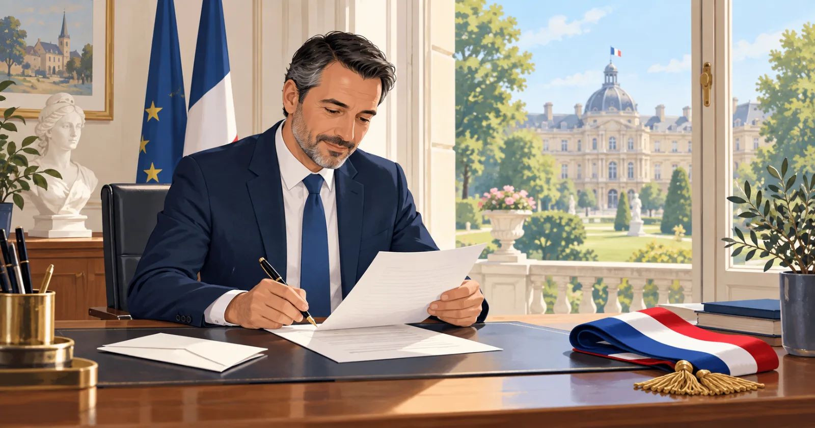 Maire à son bureau de mairie relisant un courrier officiel adressé au Sénat, avec en arrière-plan une évocation du palais du Luxembourg