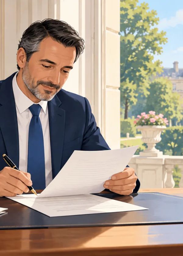 Maire à son bureau de mairie relisant un courrier officiel adressé au Sénat, avec en arrière-plan une évocation du palais du Luxembourg