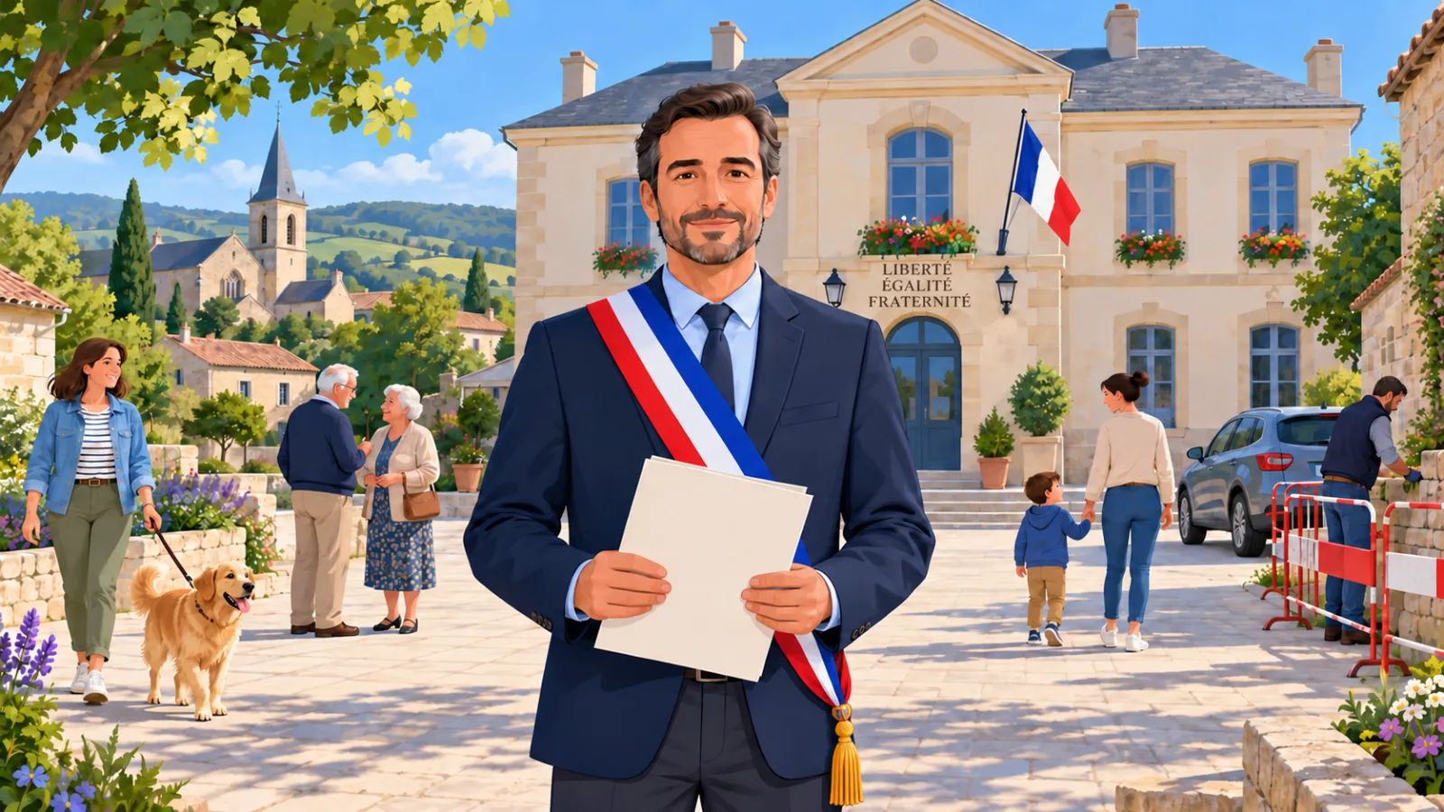 Maire d'une petite commune devant sa mairie, entouré d'habitants sur la place du village