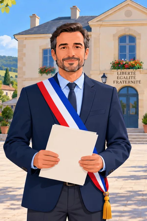 Maire d'une petite commune devant sa mairie, entouré d'habitants sur la place du village