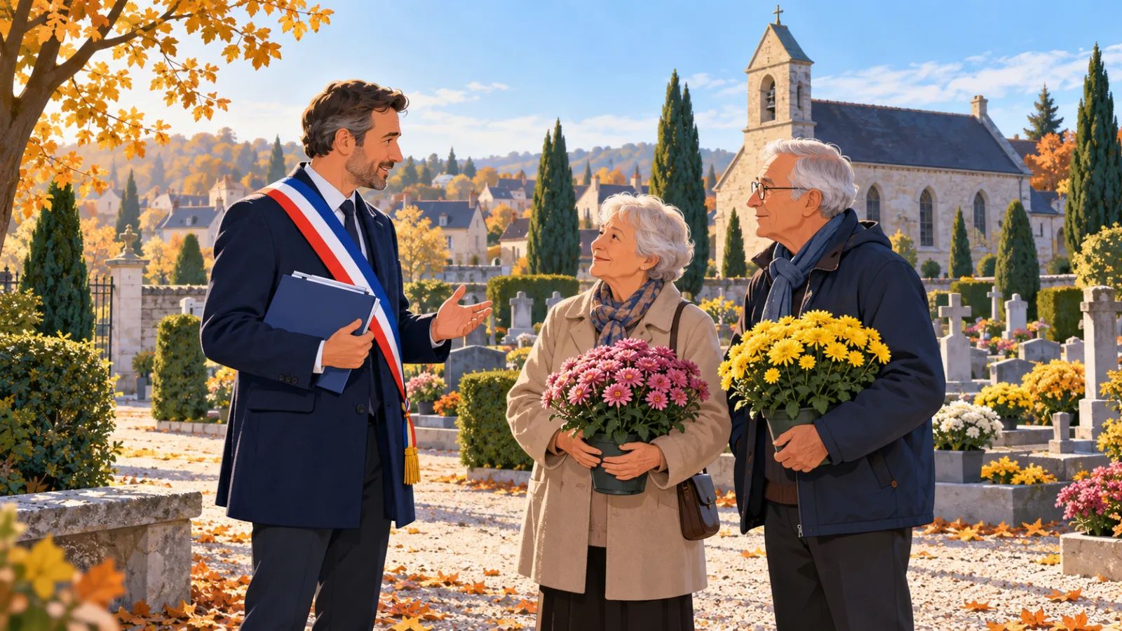 Maire d'une petite commune, écharpe tricolore, échangeant avec des habitants dans le cimetière du village avant la Toussaint